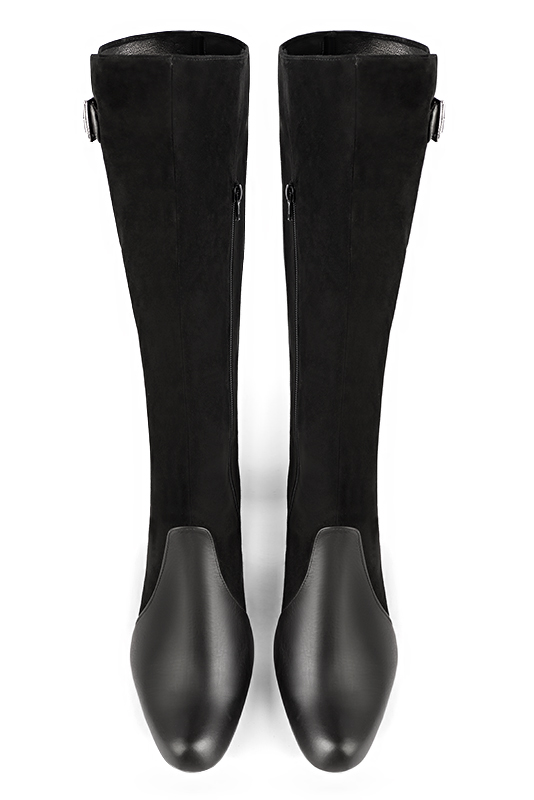 Satin black women's knee-high boots with buckles. Round toe. Medium block heels. Made to measure. Top view - Florence KOOIJMAN